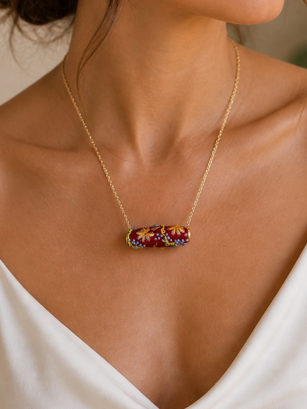 Venetian Murano Style Lampwork Glass Pendant Necklace 14K Gold Red Floral 18”